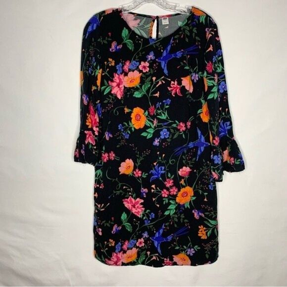 Old Navy Black Multi Color Floral Flare Flounce Sleeve Shift Dress Rayon M - Picture 2 of 11
